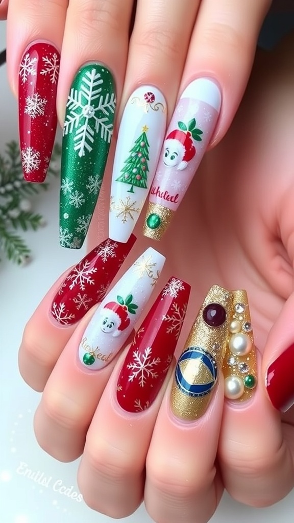 Long Christmas Nail Art Designs Long Christmas nails with snowflakes, trees, and ornaments in festive colors.